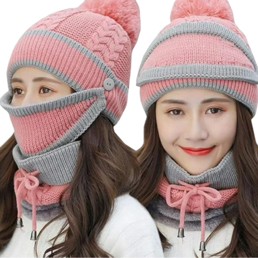 5 for $20🫟🛍️🔵 Pink and Gray Knit Beanie with Pom-Pom